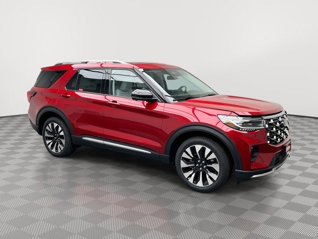 2026 Ford Explorer Platinum in Rapid Red Metallic Tinted Clearcoat — front three-quarter view