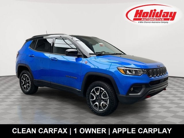 2025 Jeep Compass Trailhawk in Hydro Blue Pearlcoat — front three-quarter view