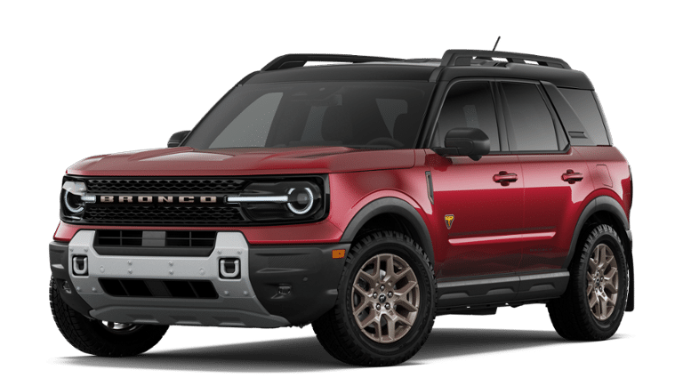 2026 Ford Bronco Sport Badlands in Ruby Red Metallic Tinted Clearcoat — front three-quarter view