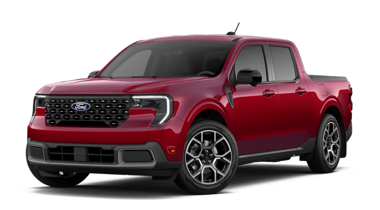 2026 Ford Maverick LARIAT in Ruby Red Metallic Tinted Clearcoat — front three-quarter view